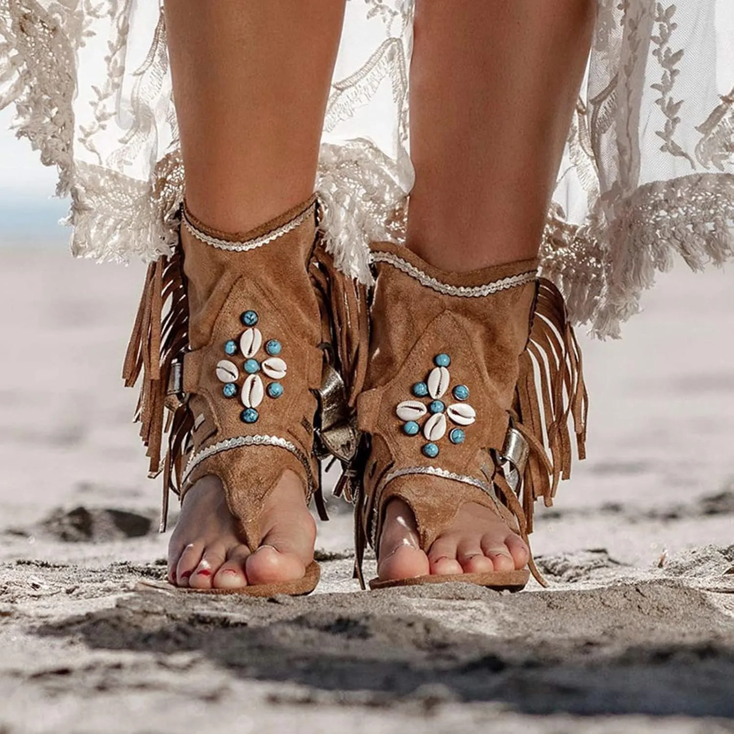 Sandals for Women Roman Retro Bohemian Sandals Bead Fringe Tassel Flip Flops Sandal Flat Clip Toe Ankle Boots