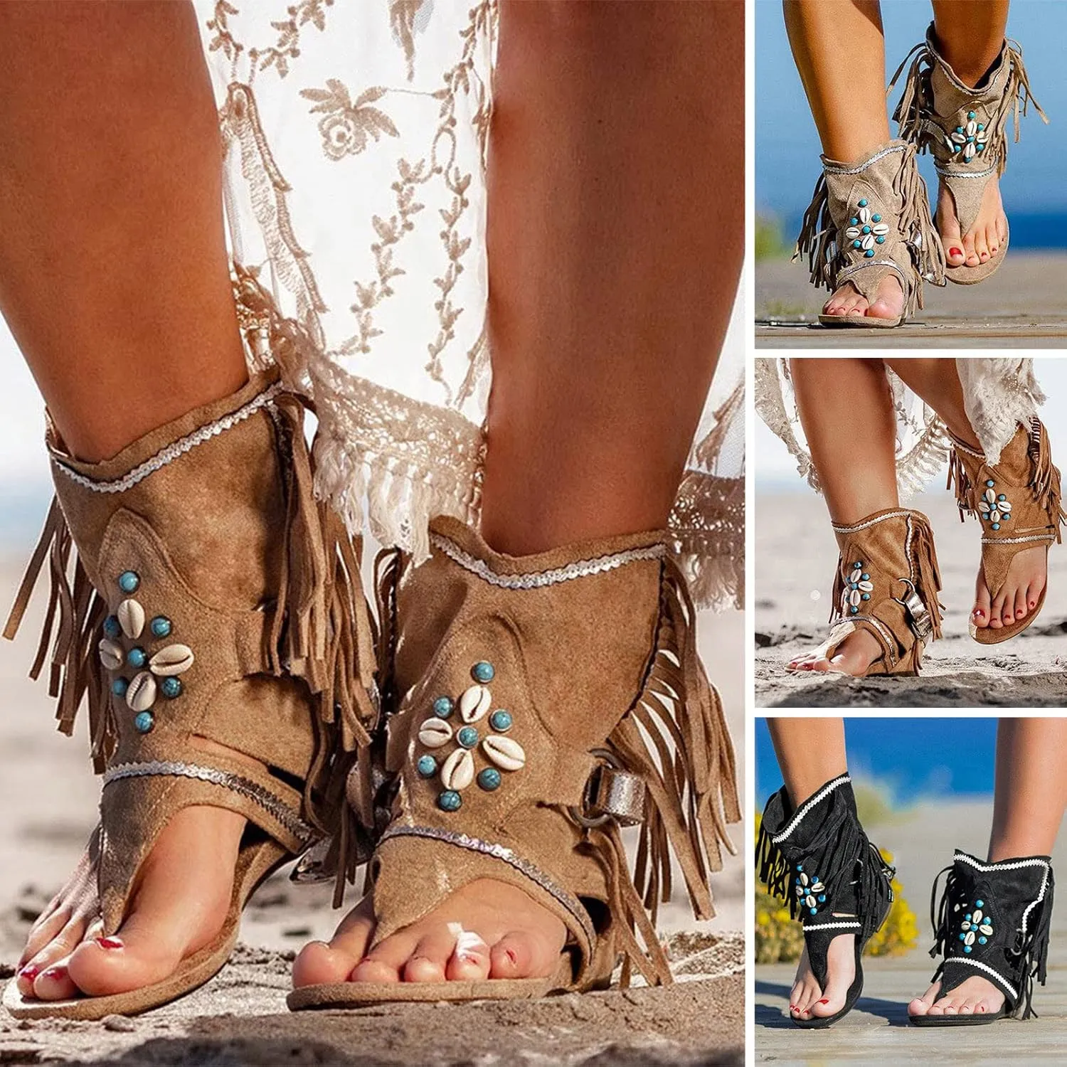 Sandals for Women Roman Retro Bohemian Sandals Bead Fringe Tassel Flip Flops Sandal Flat Clip Toe Ankle Boots