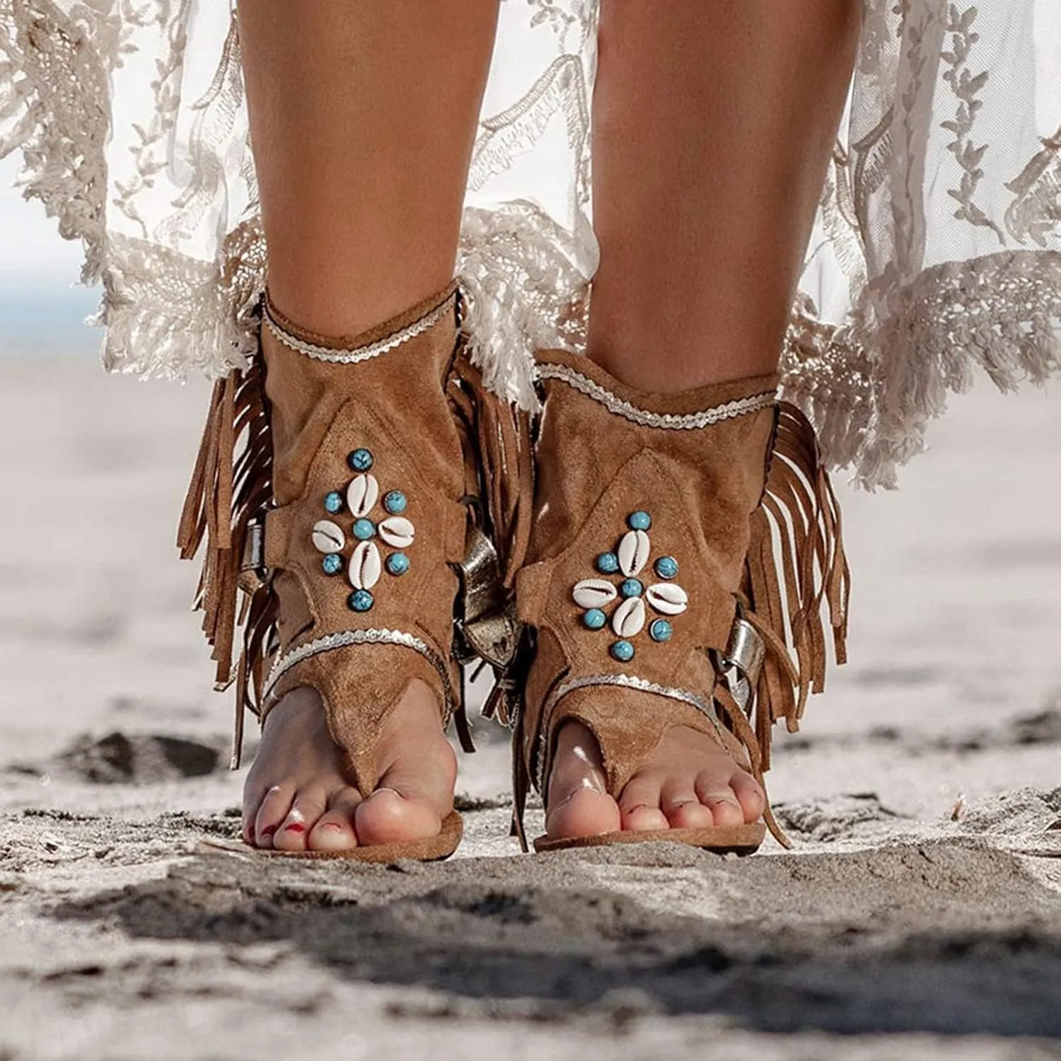 Sandals for Women Roman Retro Bohemian Sandals Bead Fringe Tassel Flip Flops Sandal Flat Clip Toe Ankle Boots