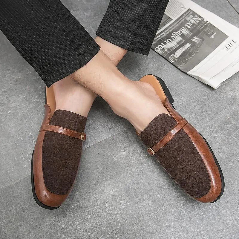 Santimon Men's Slippers Slip-On Loafers Leather Formal Wear Casual Buckle Straps Open Back Sandals