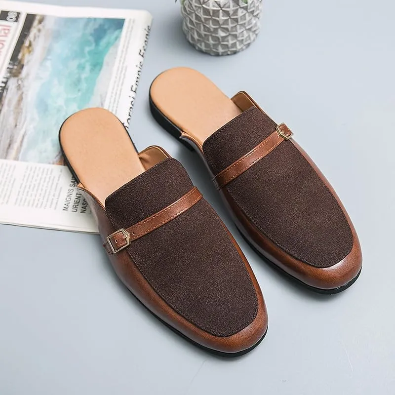 Santimon Men's Slippers Slip-On Loafers Leather Formal Wear Casual Buckle Straps Open Back Sandals