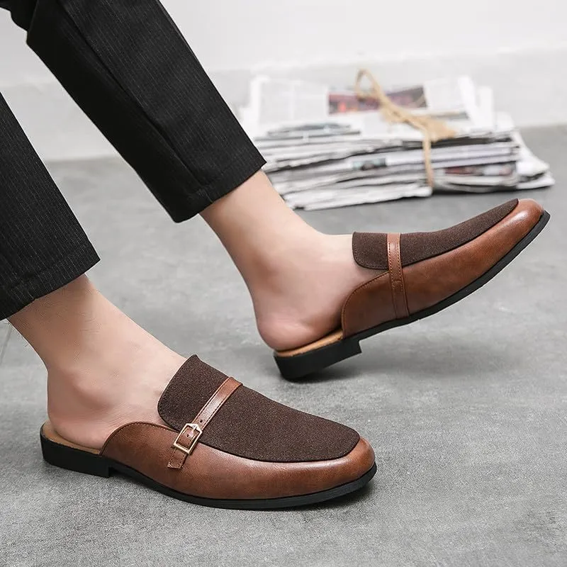 Santimon Men's Slippers Slip-On Loafers Leather Formal Wear Casual Buckle Straps Open Back Sandals