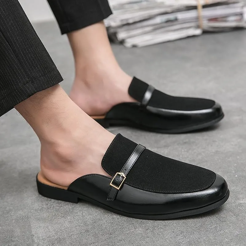 Santimon Men's Slippers Slip-On Loafers Leather Formal Wear Casual Buckle Straps Open Back Sandals