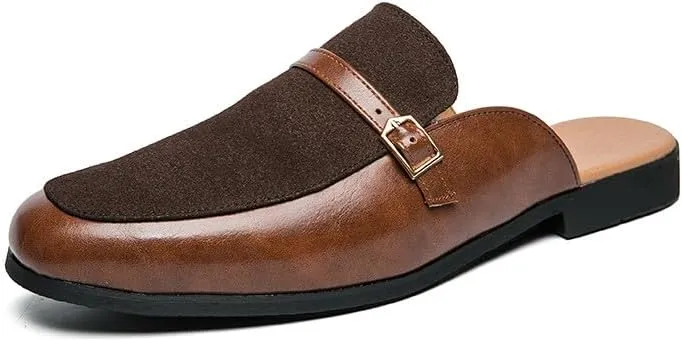 Santimon Men's Slippers Slip-On Loafers Leather Formal Wear Casual Buckle Straps Open Back Sandals