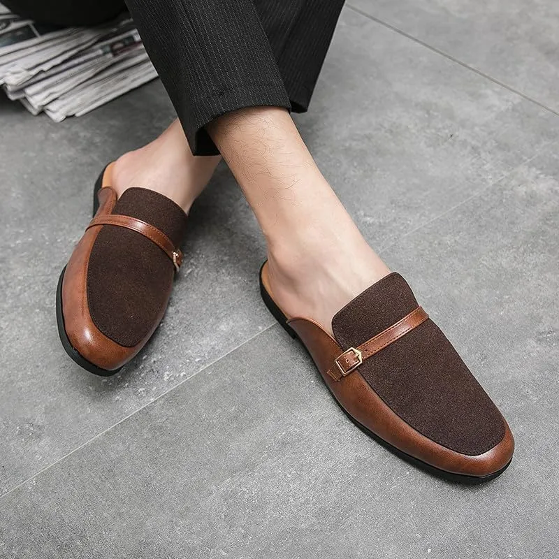Santimon Men's Slippers Slip-On Loafers Leather Formal Wear Casual Buckle Straps Open Back Sandals