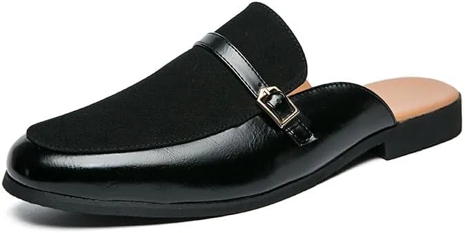 Santimon Men's Slippers Slip-On Loafers Leather Formal Wear Casual Buckle Straps Open Back Sandals