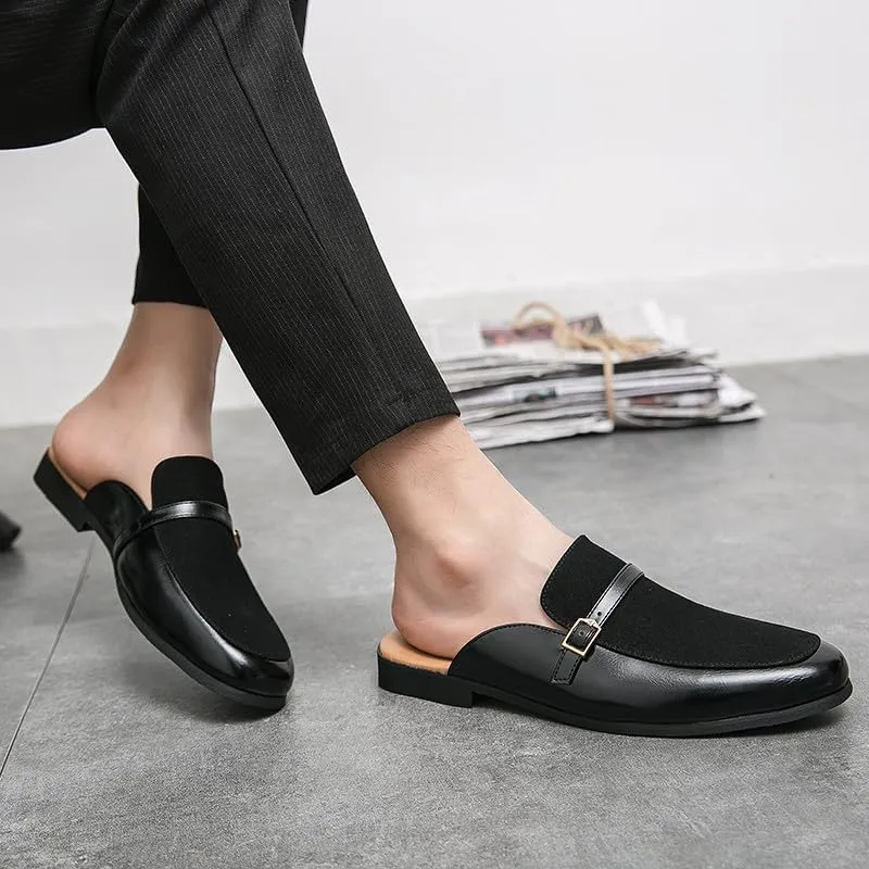 Santimon Men's Slippers Slip-On Loafers Leather Formal Wear Casual Buckle Straps Open Back Sandals