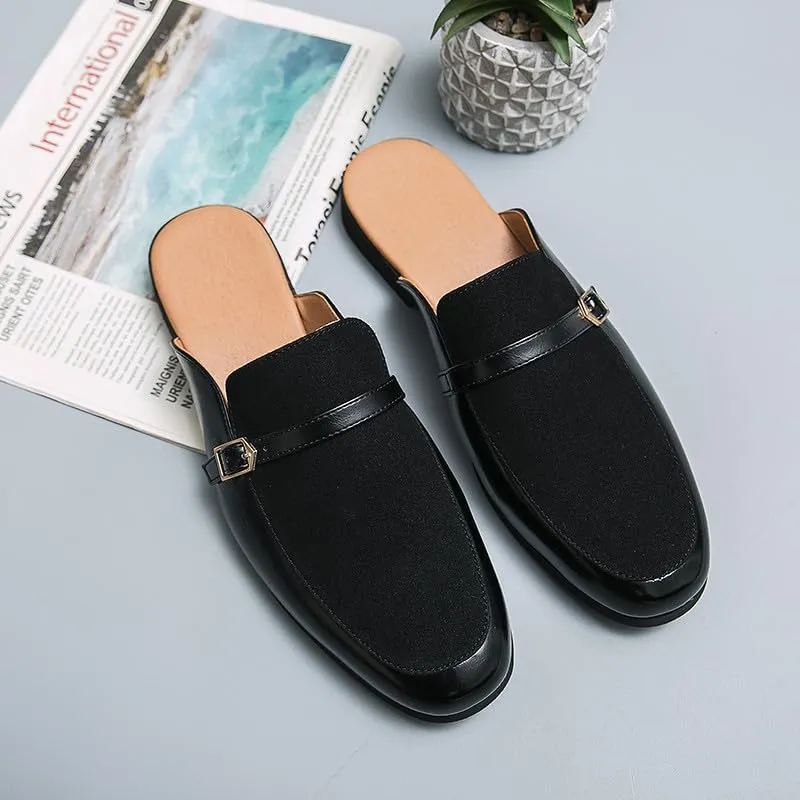 Santimon Men's Slippers Slip-On Loafers Leather Formal Wear Casual Buckle Straps Open Back Sandals