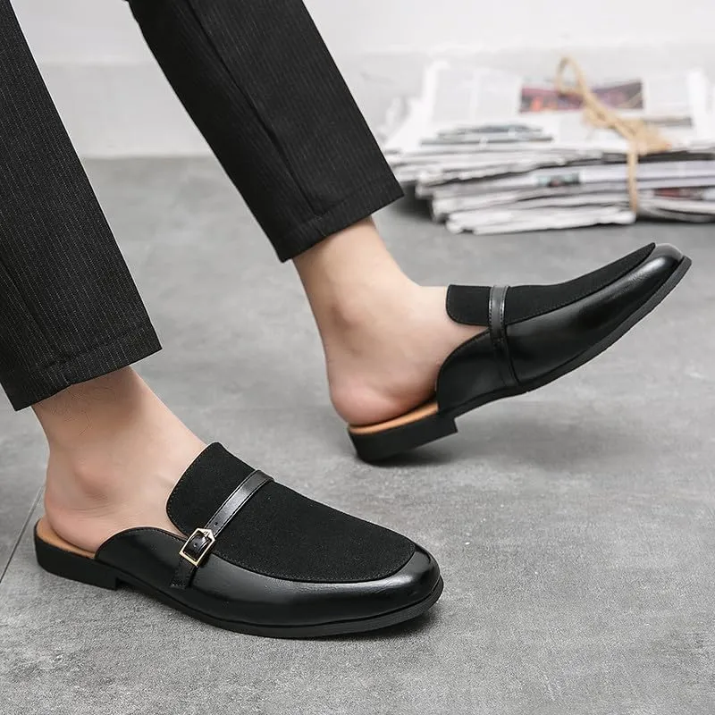 Santimon Men's Slippers Slip-On Loafers Leather Formal Wear Casual Buckle Straps Open Back Sandals