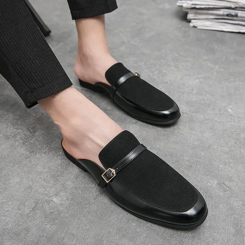 Santimon Men's Slippers Slip-On Loafers Leather Formal Wear Casual Buckle Straps Open Back Sandals