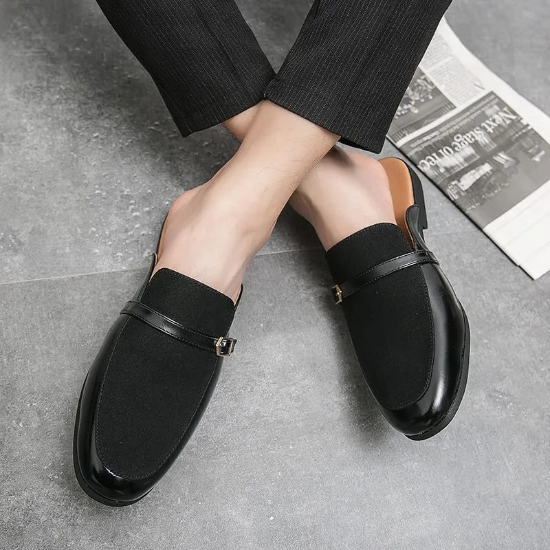 Santimon Men's Slippers Slip-On Loafers Leather Formal Wear Casual Buckle Straps Open Back Sandals
