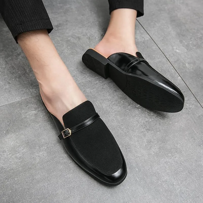 Santimon Men's Slippers Slip-On Loafers Leather Formal Wear Casual Buckle Straps Open Back Sandals