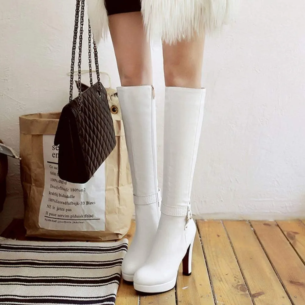 Scaoruki Women Elegant Mid Top Boots Block Heels High Boots Platform