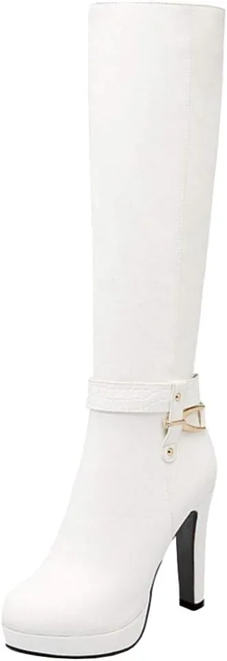 Scaoruki Women Elegant Mid Top Boots Block Heels High Boots Platform