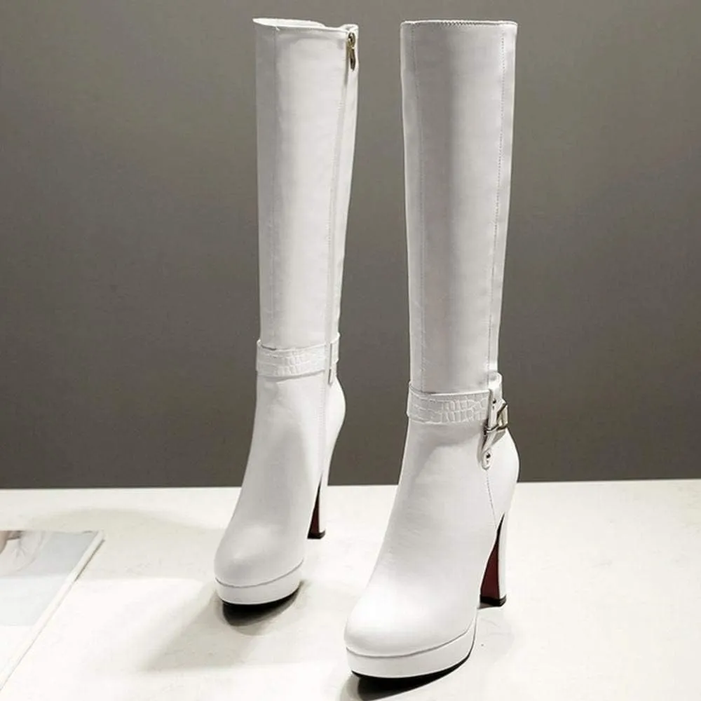 Scaoruki Women Elegant Mid Top Boots Block Heels High Boots Platform