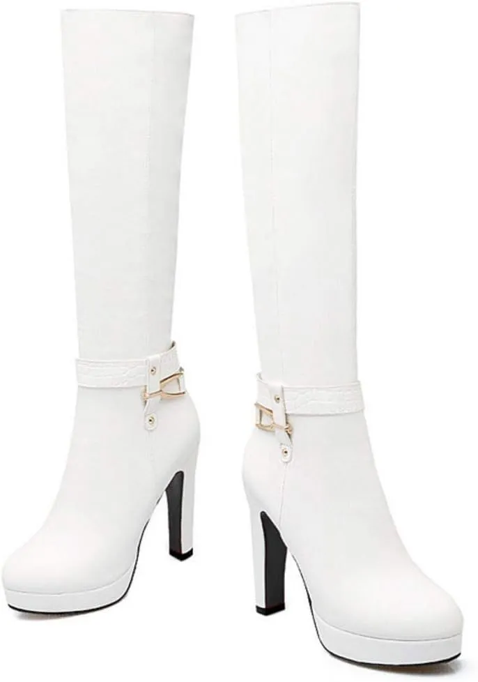 Scaoruki Women Elegant Mid Top Boots Block Heels High Boots Platform