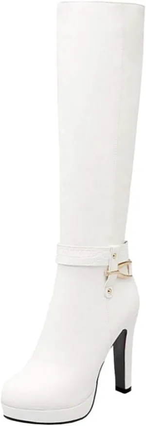 Scaoruki Women Elegant Mid Top Boots Block Heels High Boots Platform
