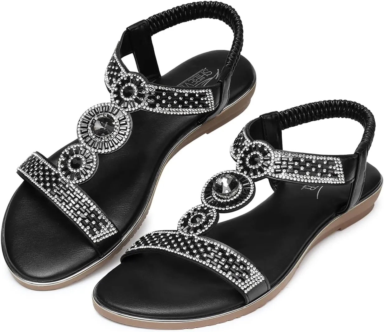SHIBEVER Sandals Women Dressy Summer: Comfortable Rhinestones Bling Flats Ankle Strap Sandals