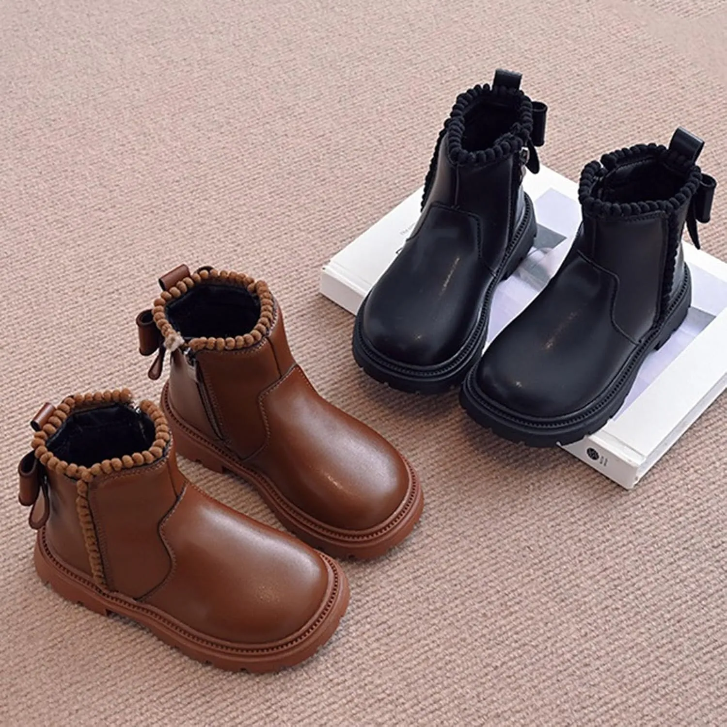 Side Zipper Ankle Boots for Kids Girls Anti Slip Soft Soles Solid Leather Booties Outdoor Hiking Girl Toddler Boots