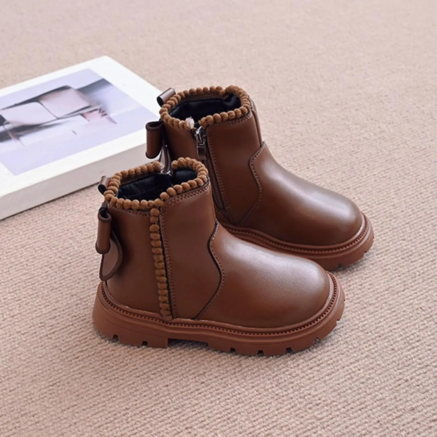 Side Zipper Ankle Boots for Kids Girls Anti Slip Soft Soles Solid Leather Booties Outdoor Hiking Girl Toddler Boots