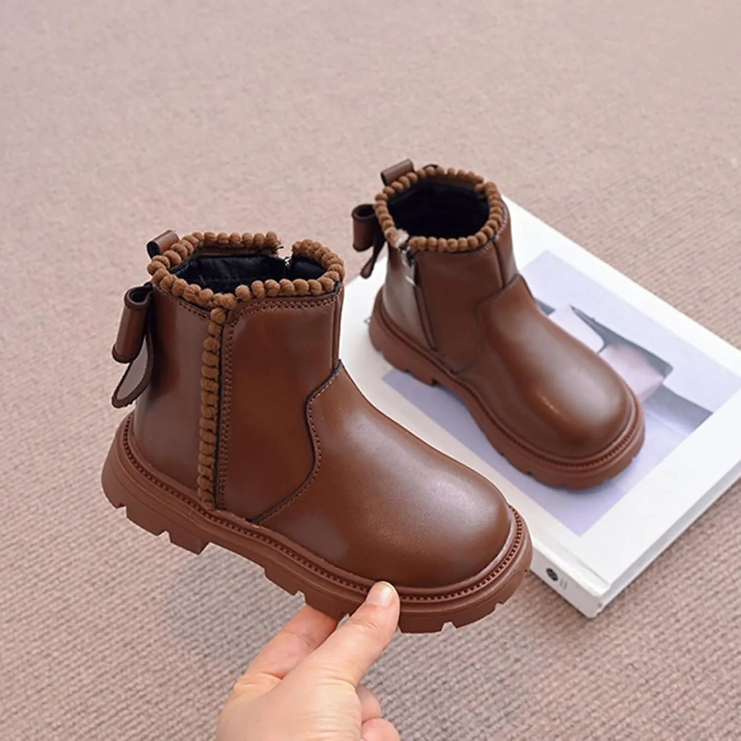 Side Zipper Ankle Boots for Kids Girls Anti Slip Soft Soles Solid Leather Booties Outdoor Hiking Girl Toddler Boots