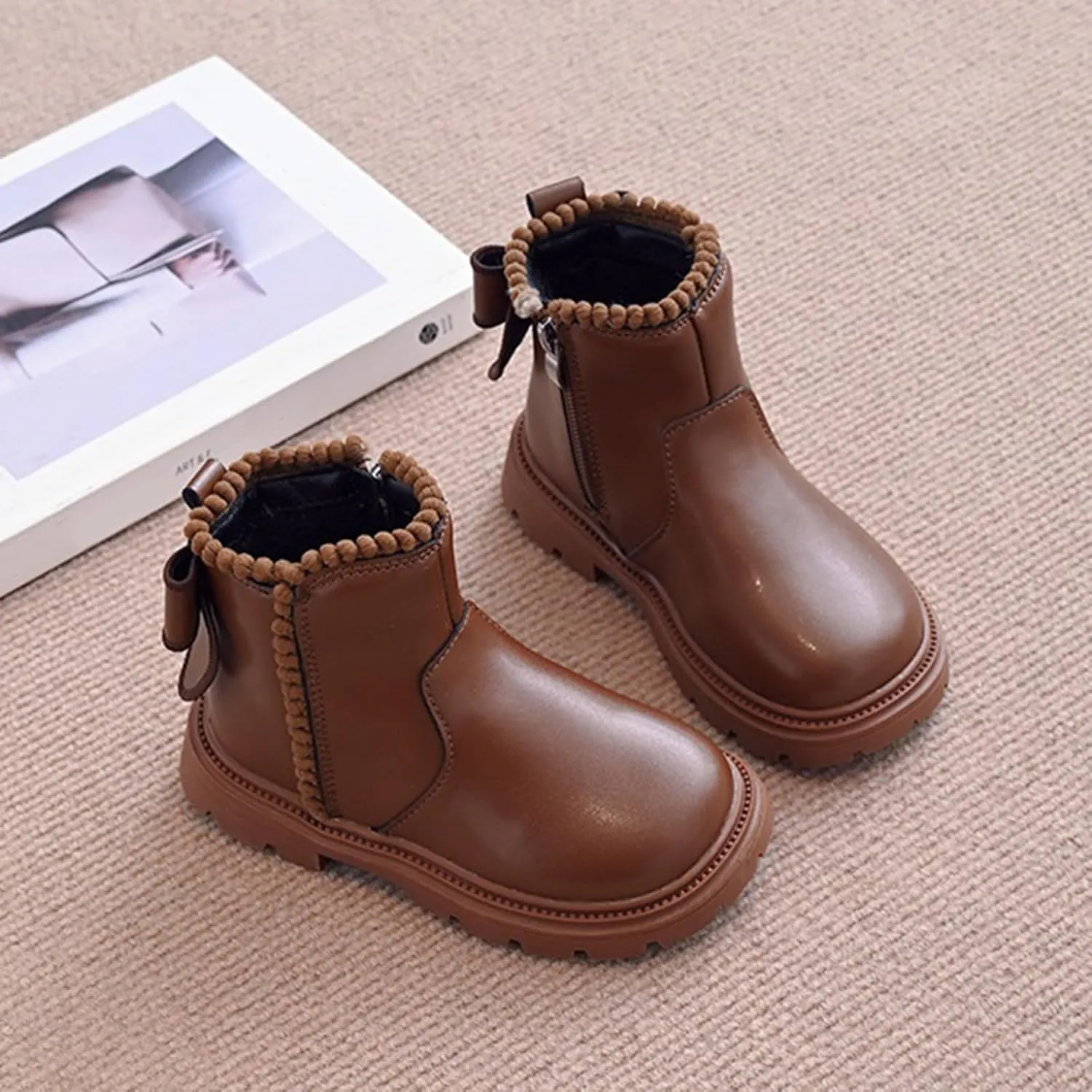 Side Zipper Ankle Boots for Kids Girls Anti Slip Soft Soles Solid Leather Booties Outdoor Hiking Girl Toddler Boots