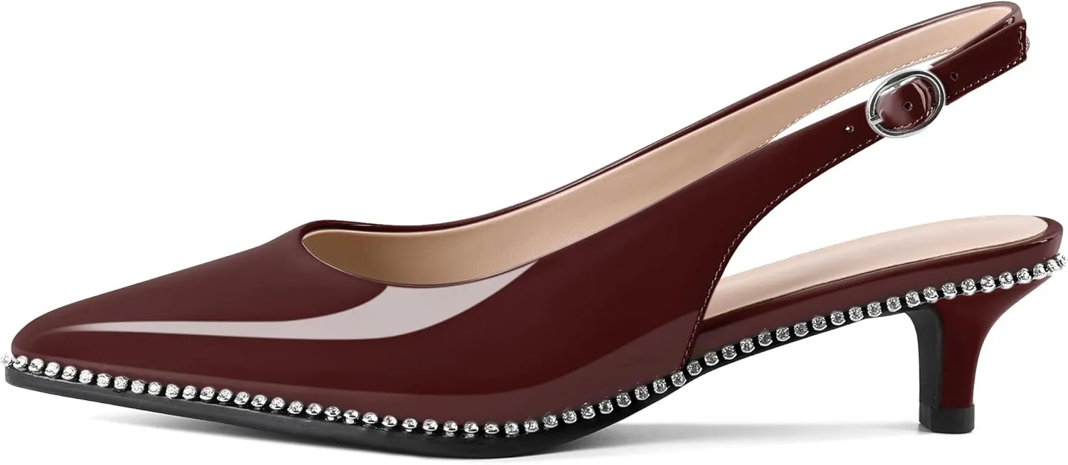 Slingback Low Heels Women Kitten Heel Rhinestones Beaded Pumps Closed Pointd Toe Shoes Slip On Event Party 1.5 Inch Dressy Sandals