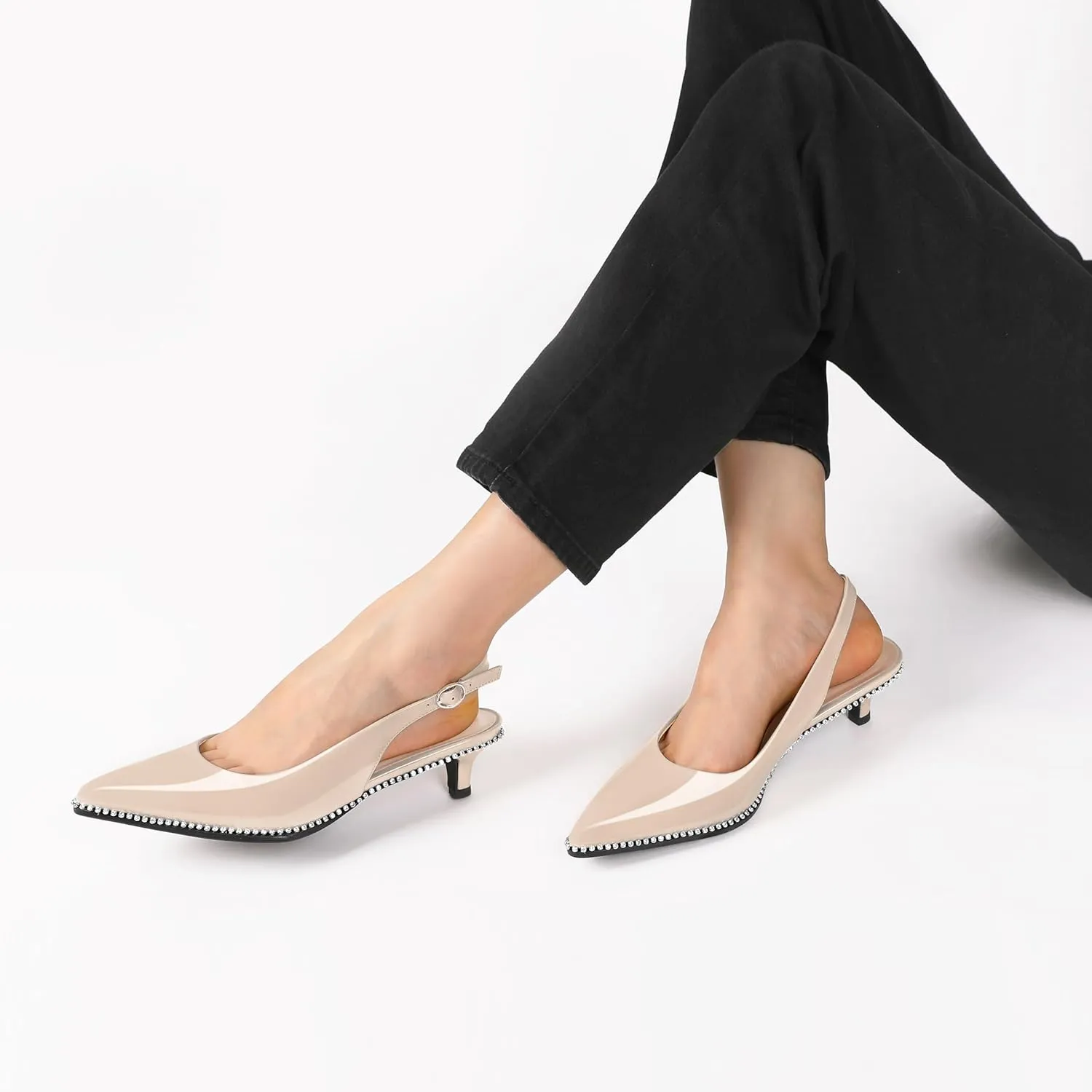 Slingback Low Heels Women Kitten Heel Rhinestones Beaded Pumps Closed Pointd Toe Shoes Slip On Event Party 1.5 Inch Dressy Sandals