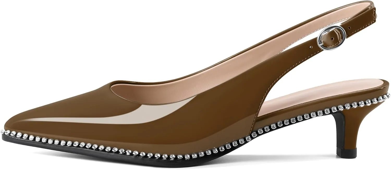 Slingback Low Heels Women Kitten Heel Rhinestones Beaded Pumps Closed Pointd Toe Shoes Slip On Event Party 1.5 Inch Dressy Sandals