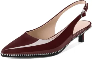Slingback Low Heels Women Kitten Heel Rhinestones Beaded Pumps Closed Pointd Toe Shoes Slip On Event Party 1.5 Inch Dressy Sandals