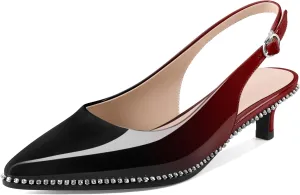 Slingback Low Heels Women Kitten Heel Rhinestones Beaded Pumps Closed Pointd Toe Shoes Slip On Event Party 1.5 Inch Dressy Sandals