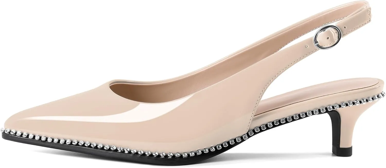 Slingback Low Heels Women Kitten Heel Rhinestones Beaded Pumps Closed Pointd Toe Shoes Slip On Event Party 1.5 Inch Dressy Sandals
