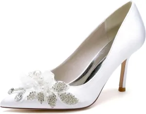 Stiletto High Heel Shoes for Women Rhinestones Satin Bride Wedding Shoes Classic Slip on Evening Prom Party Pearls Sandals