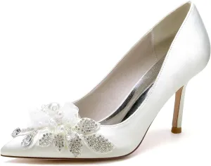Stiletto High Heel Shoes for Women Rhinestones Satin Bride Wedding Shoes Classic Slip on Evening Prom Party Pearls Sandals