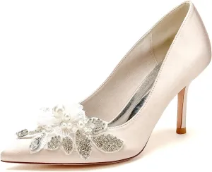 Stiletto High Heel Shoes for Women Rhinestones Satin Bride Wedding Shoes Classic Slip on Evening Prom Party Pearls Sandals