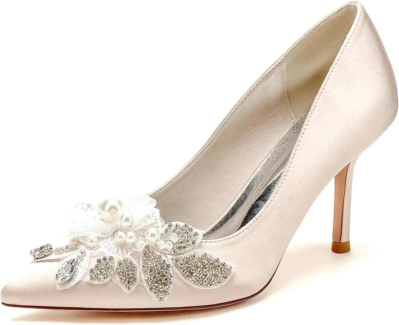 Stiletto High Heel Shoes for Women Rhinestones Satin Bride Wedding Shoes Classic Slip on Evening Prom Party Pearls Sandals