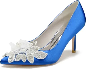 Stiletto High Heel Shoes for Women Rhinestones Satin Bride Wedding Shoes Classic Slip on Evening Prom Party Pearls Sandals