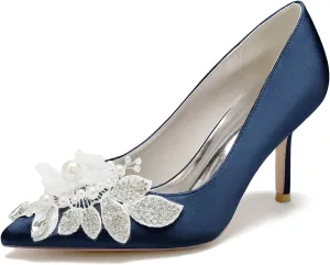 Stiletto High Heel Shoes for Women Rhinestones Satin Bride Wedding Shoes Classic Slip on Evening Prom Party Pearls Sandals