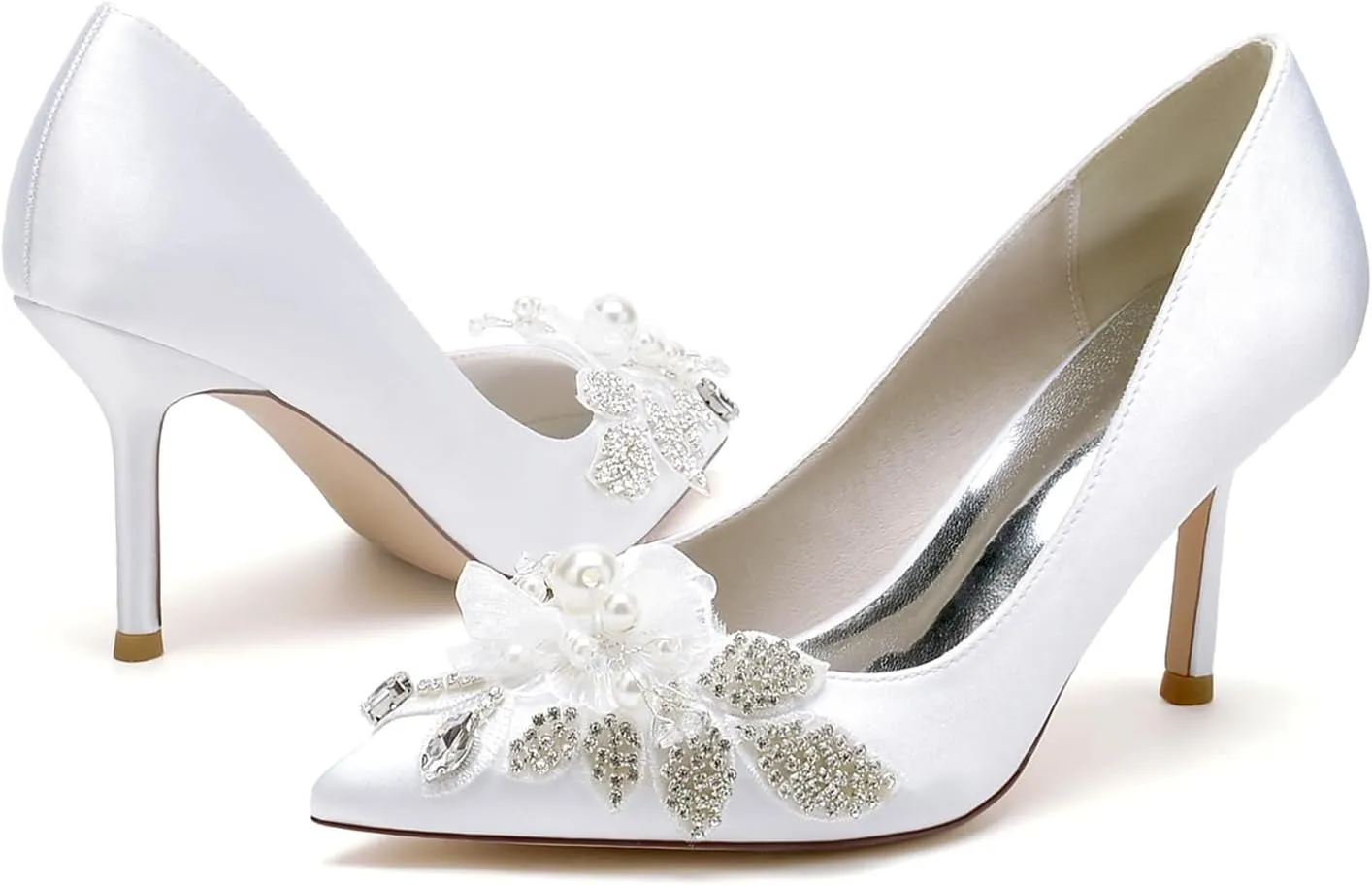 Stiletto High Heel Shoes for Women Rhinestones Satin Bride Wedding Shoes Classic Slip on Evening Prom Party Pearls Sandals