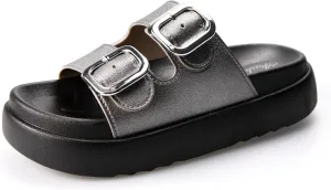TOCONFFON Women's Fashion Slides Double Buckle Adjustable Platform Sandals Indoor Outdoor Slippers