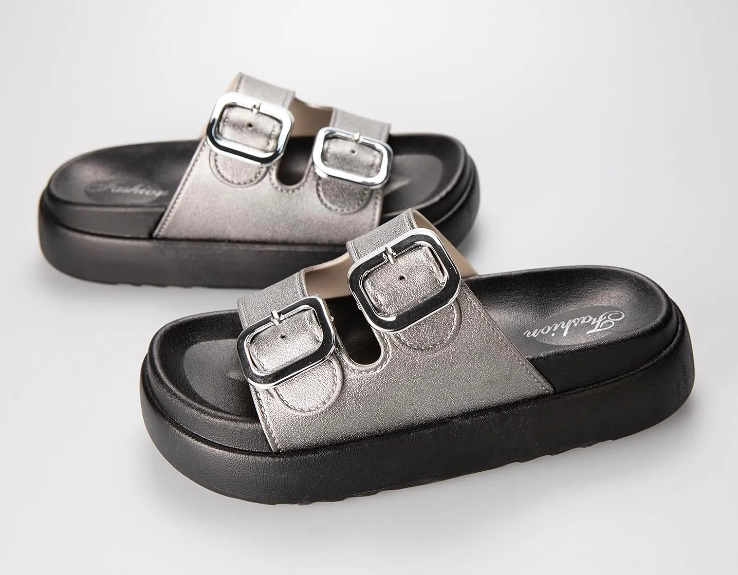 TOCONFFON Women's Fashion Slides Double Buckle Adjustable Platform Sandals Indoor Outdoor Slippers