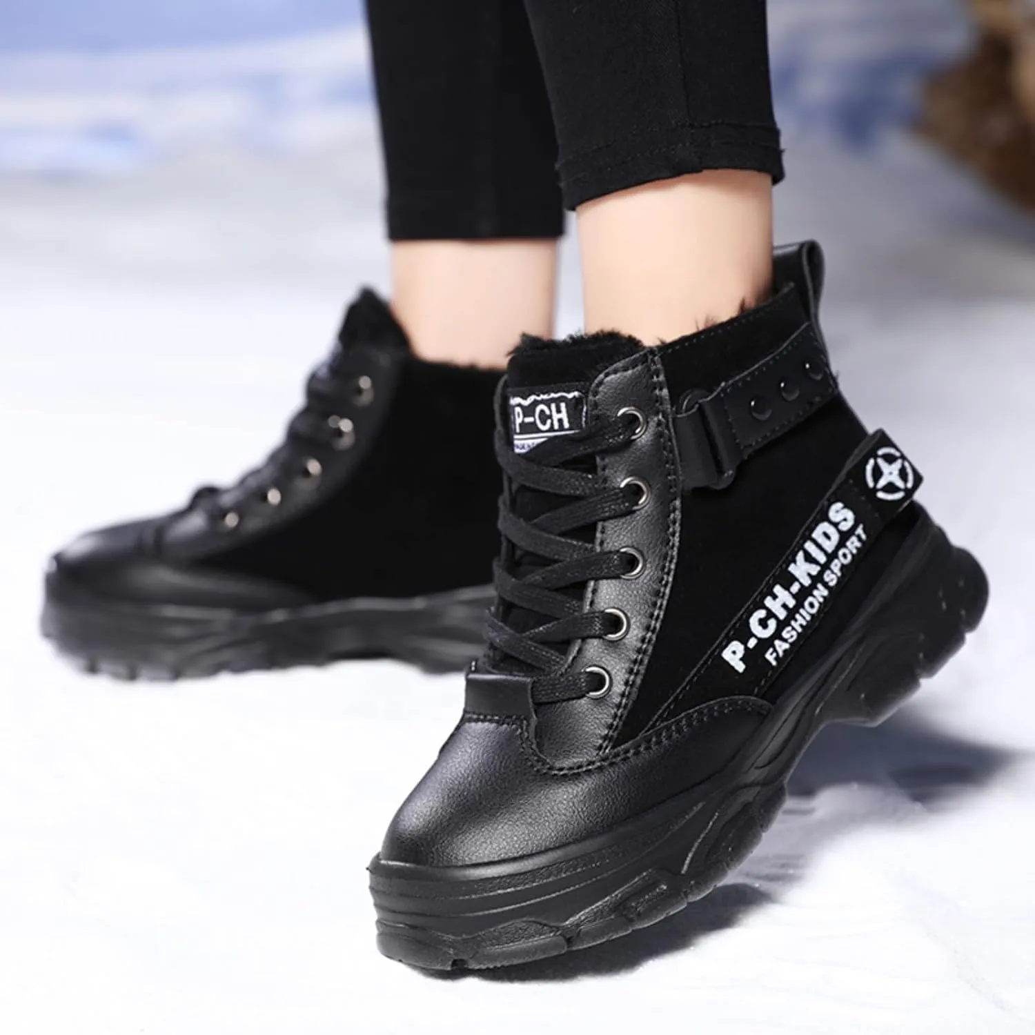 Unisex Kids Ankle Boots Warm Faux Fur Lined Outdoor Hiking Boots High Top Sneakers Boys Girls Winter Tennis Shoes