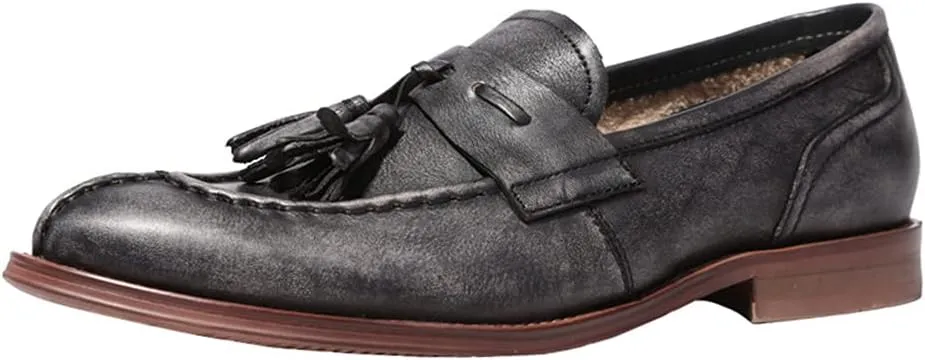 Vintage Tassel Loafers， Mens Manual Slip-On Urban Walking Moccasin Comfortable Leather Shoes,Black-43/UK 8.5/US 9