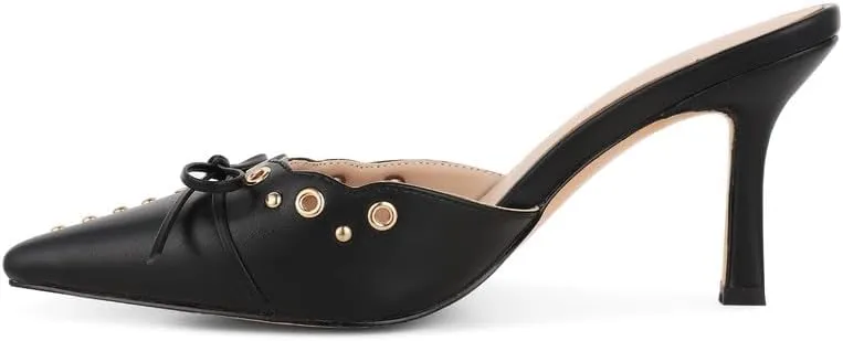 Women Bow Heels Pointed Toe Slip On Mules Stiletto heels Sandals Dress Party Wedding Studded Heels Pumps