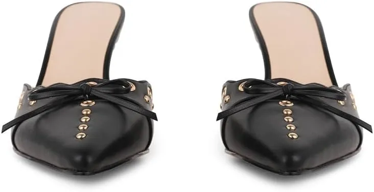 Women Bow Heels Pointed Toe Slip On Mules Stiletto heels Sandals Dress Party Wedding Studded Heels Pumps