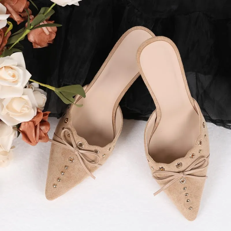 Women Bow Heels Pointed Toe Slip On Mules Stiletto heels Sandals Dress Party Wedding Studded Heels Pumps