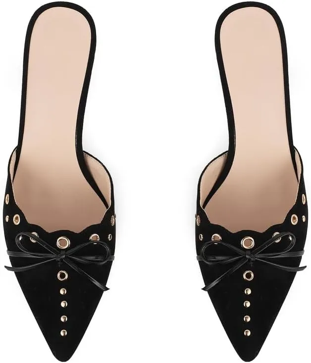 Women Bow Heels Pointed Toe Slip On Mules Stiletto heels Sandals Dress Party Wedding Studded Heels Pumps