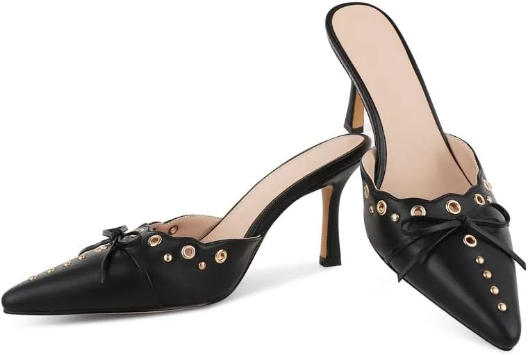 Women Bow Heels Pointed Toe Slip On Mules Stiletto heels Sandals Dress Party Wedding Studded Heels Pumps