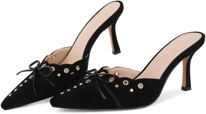Women Bow Heels Pointed Toe Slip On Mules Stiletto heels Sandals Dress Party Wedding Studded Heels Pumps
