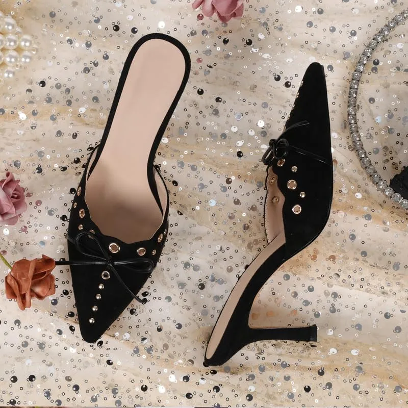 Women Bow Heels Pointed Toe Slip On Mules Stiletto heels Sandals Dress Party Wedding Studded Heels Pumps